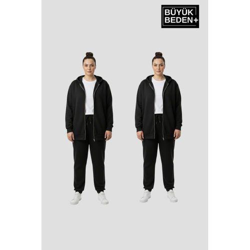 Kadın Büyük Beden Fermuarlı Kapüşonlu 3 lü Set ince Sweatshirt Hırka - Rahat Kalıp SPR26BHRK960+2
