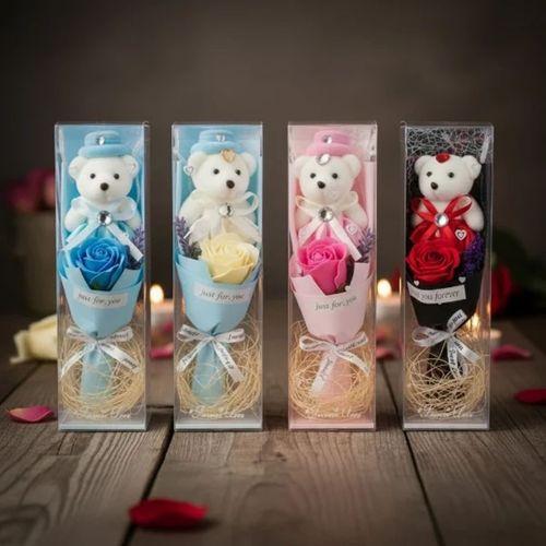 Şeffaf Kutulu Ayıcıklı Gül Buketi