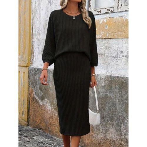 Kadın Uzun Kollu Yakası Açık Yarasa Kollu şardonlu Kaşkorse Bluz Ve Etek Takım