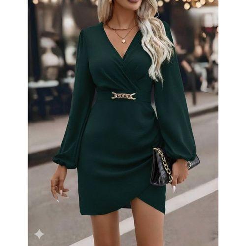 Kadın Uzun Kollu Kruvaze Yaka Yandan Büzgülü Asimetrik Detaylı Ithal Krep Mini Elbise