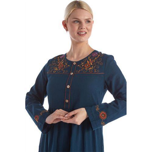 Uzun Kol Bisiklet Yaka Nakışlı Vual Petrol İlkbahar & Yazlık Elbise