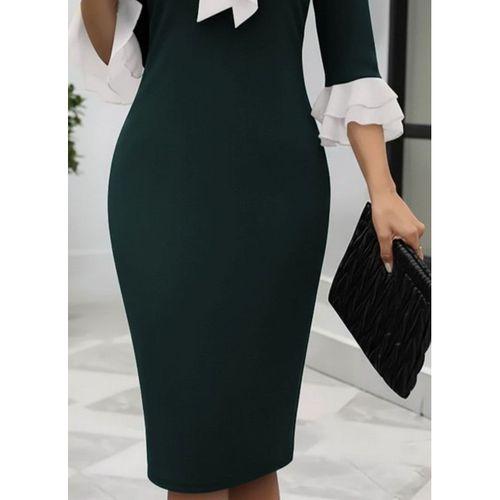 Kadın Truvakar Kollu Fiyonk Yakalı Midi Ithal Krep Elbise