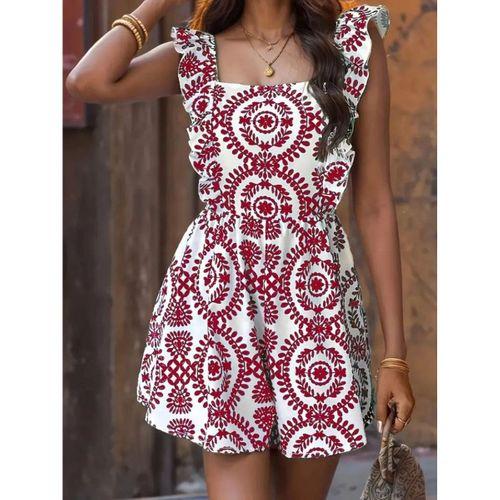 Kadın Askılı Kare Yakalı Arkadan Bağcıklı Desenli Keten Tulum