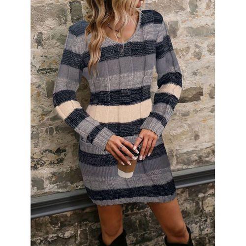 Kadın Uzun Kollu V Yakalı çizgili çok Renkli Triko Mini Elbise