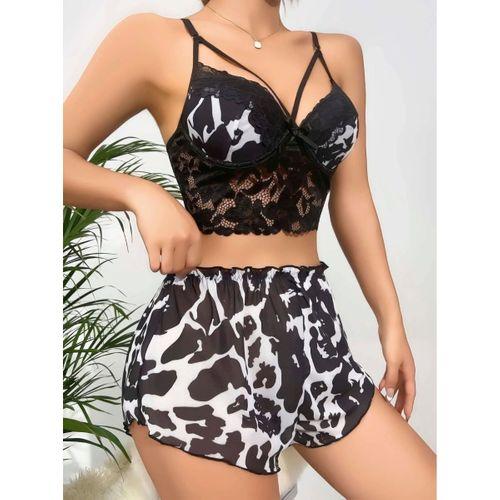 Kadın Siyah Leopar Desenli Dantel Detaylı Şortlu Gecelik Pijama Takımı Şık 2’li Set