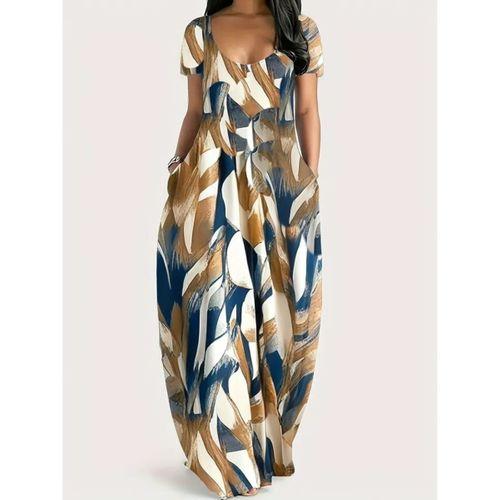 Kadın Kısa Kollu Yuvarlak Yaka Cepli Salaş Baskılı Süprem Elbise