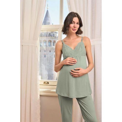 Çiçek Ve Yaprak Desenli Dantelli Hamile Lohusa 3'lü Pijama Takımı