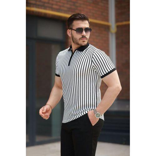 Erkek çizgili Fermuar Yakalı Kısa Kollu Tişört