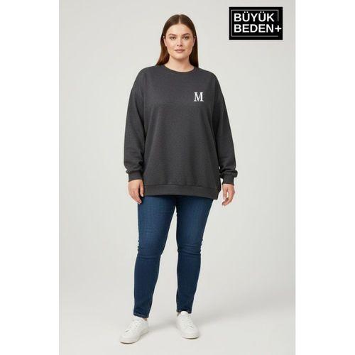 Kadın Büyük Beden M Baskılı Bisiklet Yaka ince Sweatshirt SPR26BSWK956-13
