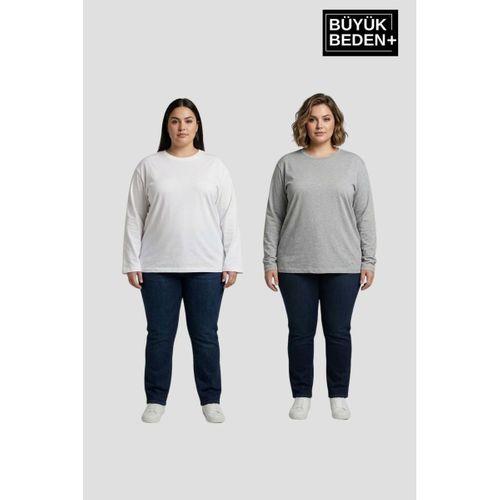 Kadın Büyük Beden 2 li Set Uzun Kollu 2 İplik Bisiklet Yaka Tişört SPR26BEA942+2