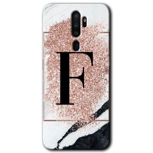 MRCİLETİSİM Oppo A5 2020 Kılıf HD Desen Baskılı Arka Kapak + Temperli Cam - Pembe Mermer Desenli F Harfi