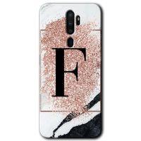 MRCİLETİSİM Oppo A5 2020 Kılıf HD Desen Baskılı Arka Kapak + Temperli Cam - Pembe Mermer Desenli F Harfi