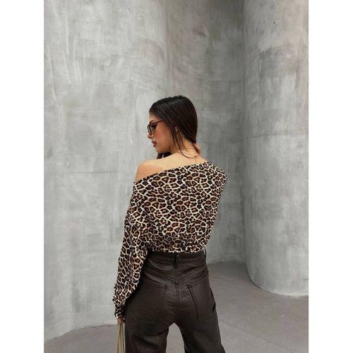 Kadın Leopar Desenli Düşük Omuzlu Bluz