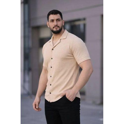 Erkek Waffle Kumaş Kısa Kollu Düğmeli Açık Yaka Regular Fit Gömlek - Bej