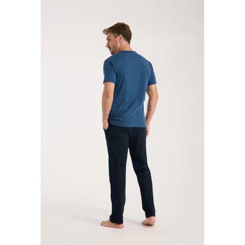 Erkek İndigo Düğmeli Yaka Kısa Kol Pijama Takımı