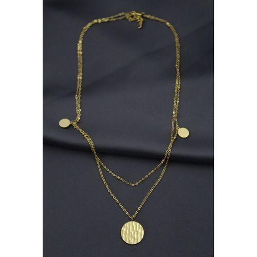 Çelik Gold Renk Desenli Oval Model Çift Zincir Tasarımlı Kadın Kolye