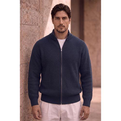 Woody Oversize Selanik Örme Fermuarlı Erkek Hırka- İndigo