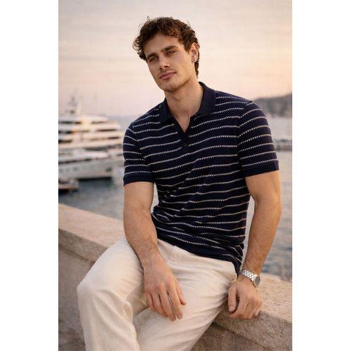 Nordic Desenli Örme Kumaş Viskon Erkek T-Shirt - Lacivert