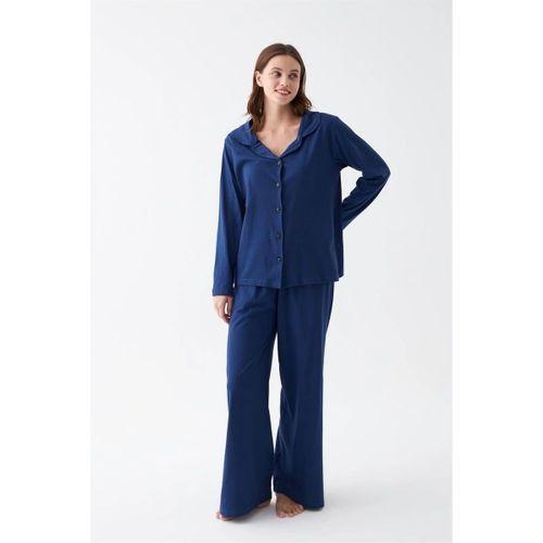 Kadın Lacivert Düğmeli Yaka Detaylı Pamuklu Pijama Takımı