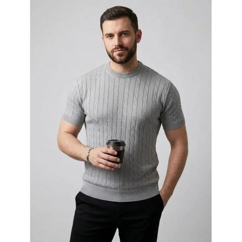 Erkek Yazlık Triko Dokuma Tişört Kısa Kol Bisiklet Yaka Örgü Desenli T-Shirt - Gri