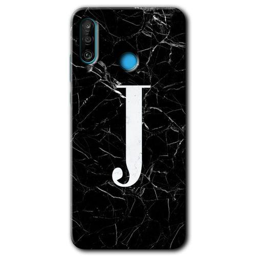 MRCİLETİSİM Huawei P30 Lite Kılıf Baskılı Kapak - Siyah Mermer Desenli J Harfi + 5D Tam Kaplayan Cam
