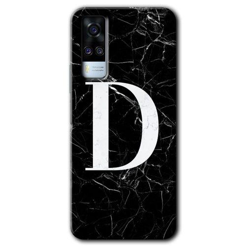 Vivo Y51 Kılıf HD Desen Baskılı Arka Kapak - Siyah Mermer Desenli D Harfi + Kırılmaz Cam