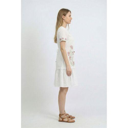 Kısa Kol Gülbin Bağcıklı V Yaka Nakışlı Yazlık Vual Kısa Elbise Beyaz Byz