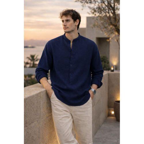 Hafif ve Nefes Alabilir Erkek Müslin Yarım Pat Hakim Yaka Oversize Gömlek - Lacivert