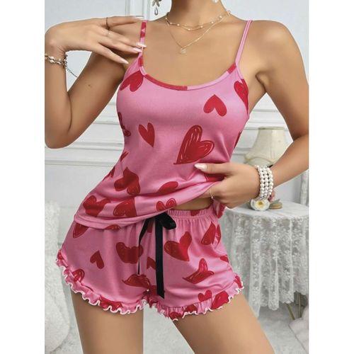 Kadın Pembe Kalp Baskılı Şortlu Gecelik Pijama Takımı Sevimli Rahat 2’li Set