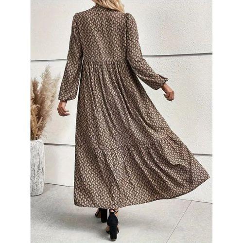 Kadın Uzun Kollu Hakim Yakalı Düğmeli Kemersiz Desenli Maxi Süprem Elbise