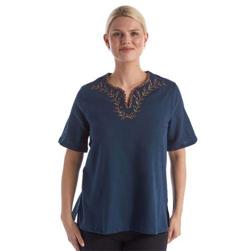 Şile Bezi Kısa Kol Petrol Nakışlı V Yaka Yazlık Otantik Bluz