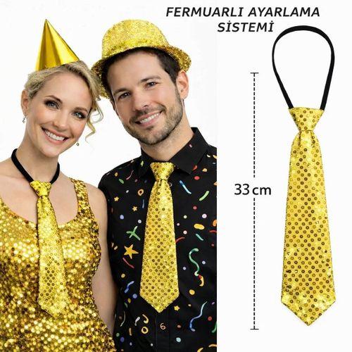 Altın Renk Pul Payetli Işıltılı Parti Kravatı 33 Cm