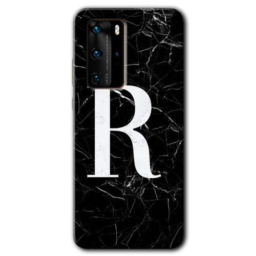 Huawei P40 Pro Kılıf HD Desen Baskılı Arka Kapak + Temperli Cam - Siyah Mermer Desenli R Harfi