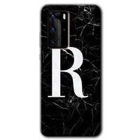 Huawei P40 Pro Kılıf HD Desen Baskılı Arka Kapak + Temperli Cam - Siyah Mermer Desenli R Harfi