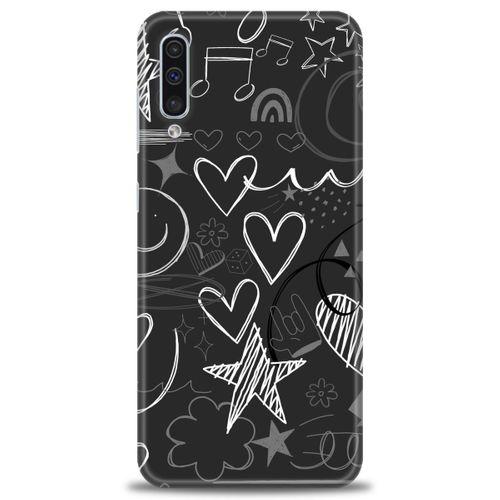 Samsung Galaxy A50S Kılıf HD Baskılı Kılıf - Siyah Kalp ve Notalar + Tam Ekran Koruyucu