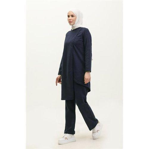 Kruvaze Bisiklet Yaka Sade Basic Tunik Panolon İkili Takım - 03076.202 - Açık Lacivert