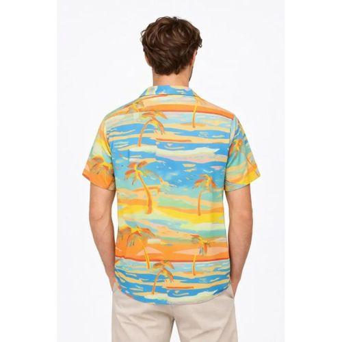 Erkek Tropikal Palmiye Desenli Kısa Kol Gömlek Yazlık Beach Tarz Rahat Kalıp - Desenli