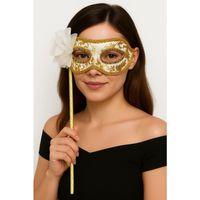 Lüks Taşlı Saplı Maskeli Balo Maskesi Beyaz Renk 35 cm (3748)