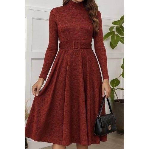 Kadın Uzun Kollu Balıkçı Yaka Kemer Detaylı Yumoş Midi Elbise