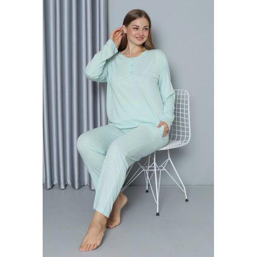 Kadın Büyük Beden Penye Uzun Kol Pijama Takım Su Yeşili