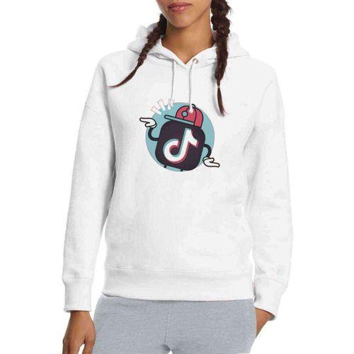 Tik Tok Simge Logo Tik Tok Baskılı Beyaz Kadın Kapşonlu Sweatshirt