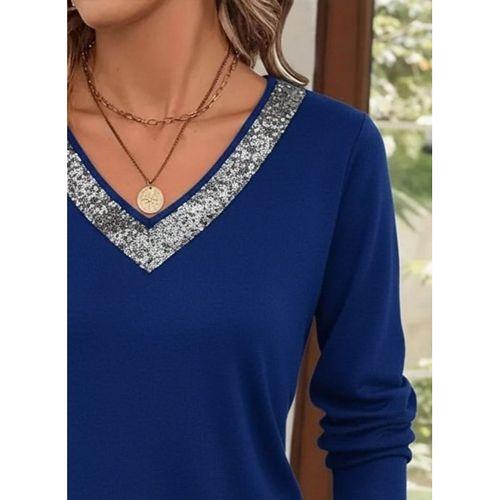 Kadın Uzun Kollu V Payet Yakalı Viskon Bluz