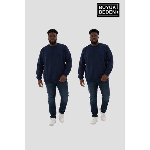 Erkek Büyük Beden İkili Bisiklet Yaka 2’li Set -Rahat Kalıp İnce Sweatshirt SPR26BSW956+2