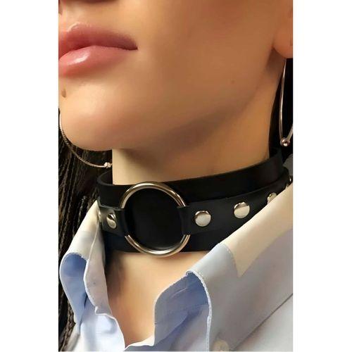 Halka Detaylı Ayarlı Geniş Şerit Şık Deri Choker Boyun Aksesuar