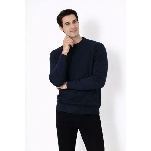 Erkek Bisiklet Yaka Triko Kazak Yumuşak Dokulu Pamuklu Ince Dokuma, Uzun Kollu Rahat Regular Kalıp - Lacivert