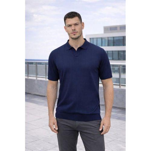 Elatus Çizgili V Yaka İnce Triko Relaxed Fit Polo Yaka Erkek T-Shirt - Lacivert