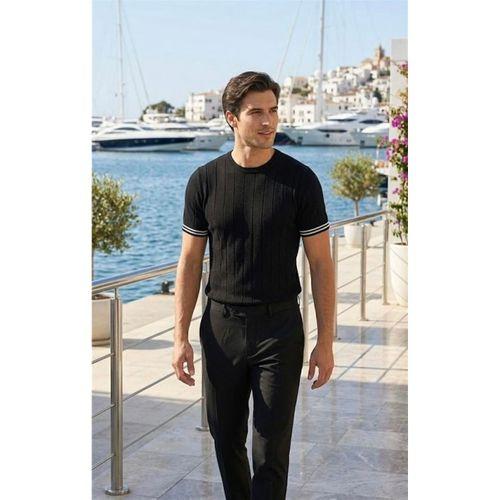Dale Kolları Şeritli Bisiklet Yaka İnce Triko Örme Regular Fit Erkek T-Shirt - Siyah