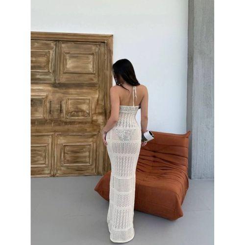 Kadın Halter Yaka Kuş Gözü Teday Full Transparan Maxi Boy Elbise