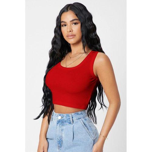 Kadın Kırmızı Kare Yaka Crop Top Bluz