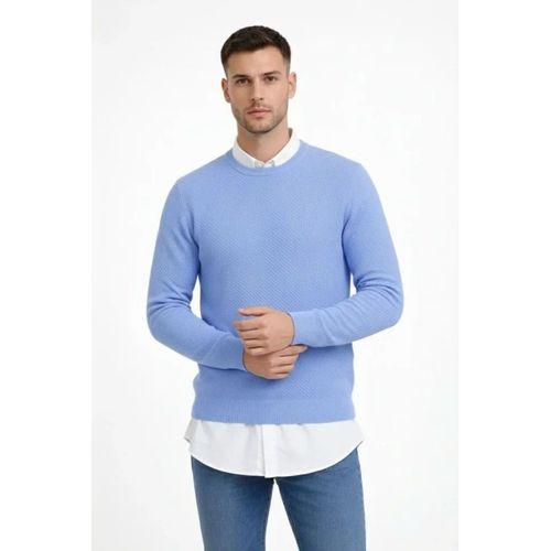 Erkek Bisiklet Yaka Petekli Dokulu Triko Kazak Pamuklu Ince Dokuma, Uzun Kollu Rahat Regular Kalıp - Mavi